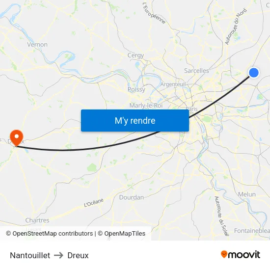 Nantouillet to Dreux map