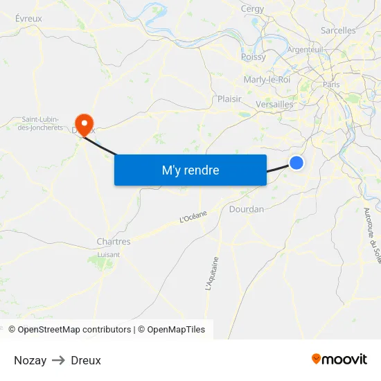 Nozay to Dreux map