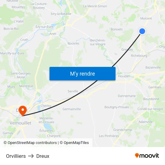 Orvilliers to Dreux map