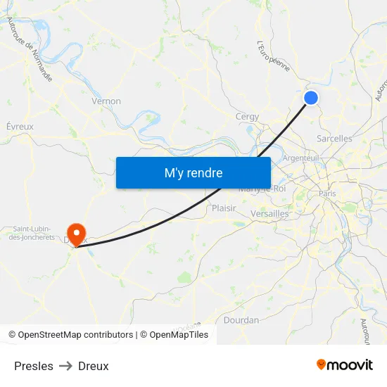 Presles to Dreux map