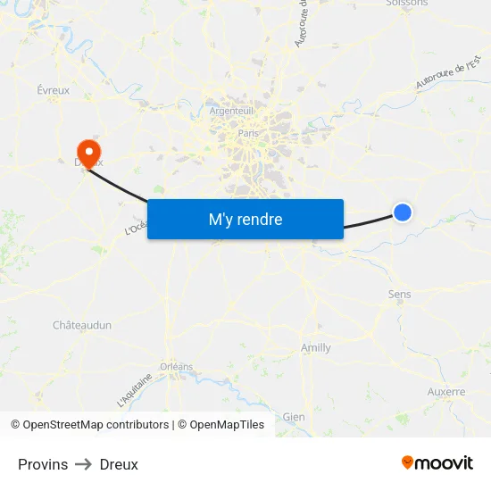 Provins to Dreux map