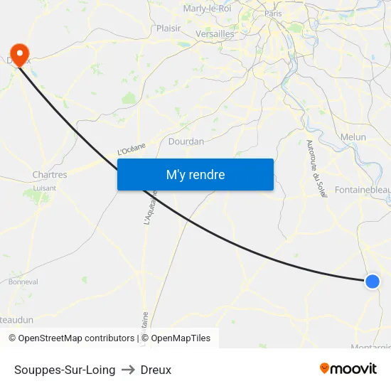 Souppes-Sur-Loing to Dreux map