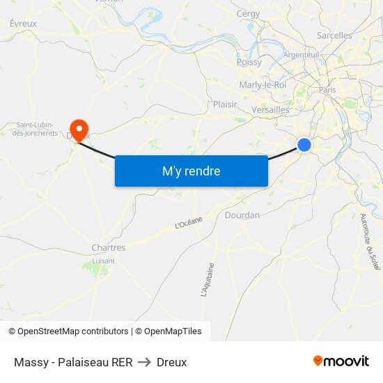 Massy - Palaiseau RER to Dreux map
