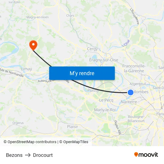 Bezons to Drocourt map