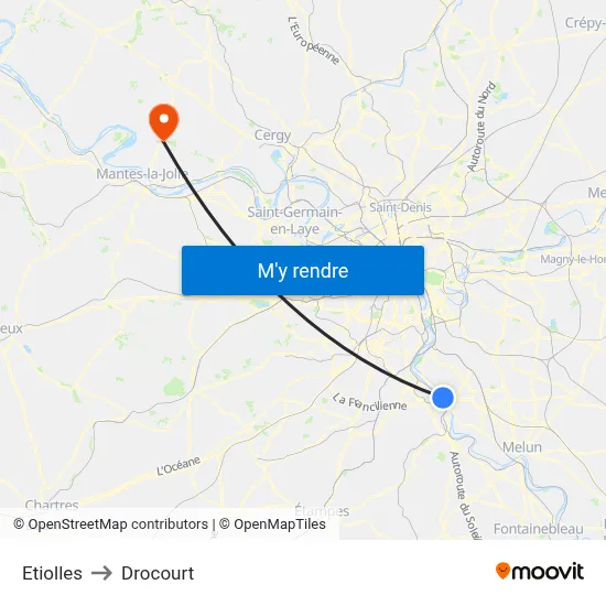 Etiolles to Drocourt map