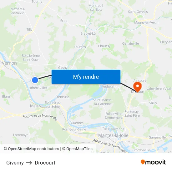 Giverny to Drocourt map