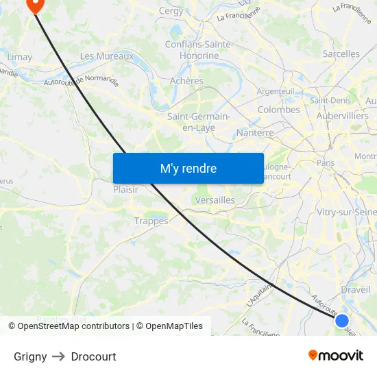 Grigny to Drocourt map