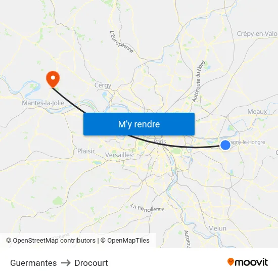 Guermantes to Drocourt map