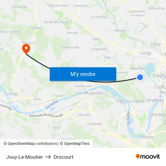 Jouy-Le-Moutier to Drocourt map