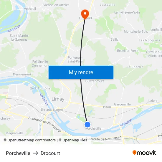 Porcheville to Drocourt map