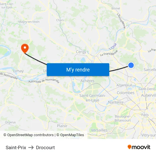 Saint-Prix to Drocourt map