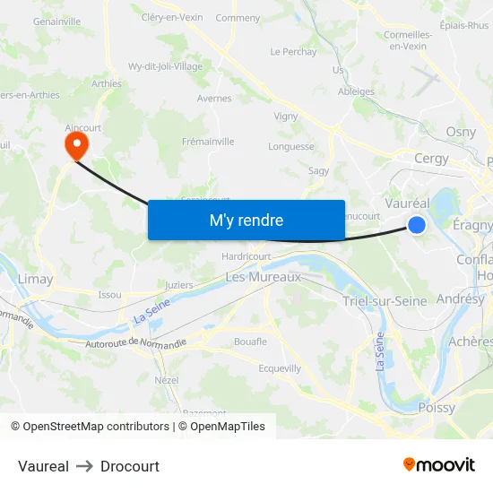 Vaureal to Drocourt map