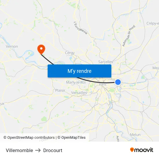 Villemomble to Drocourt map