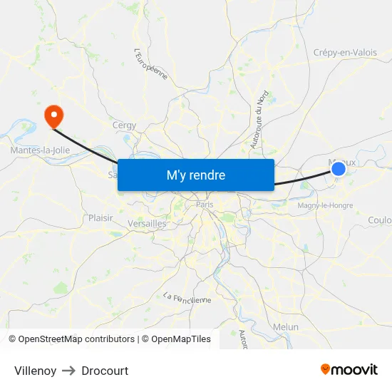 Villenoy to Drocourt map