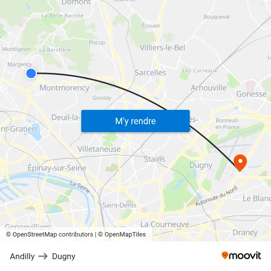 Andilly to Dugny map