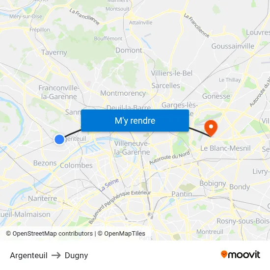 Argenteuil to Dugny map