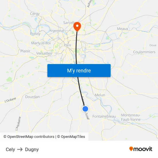 Cely to Dugny map
