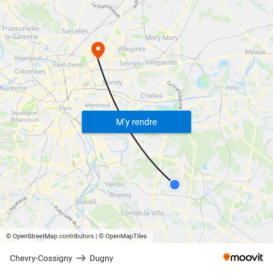 Chevry-Cossigny to Dugny map