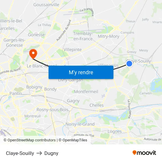 Claye-Souilly to Dugny map