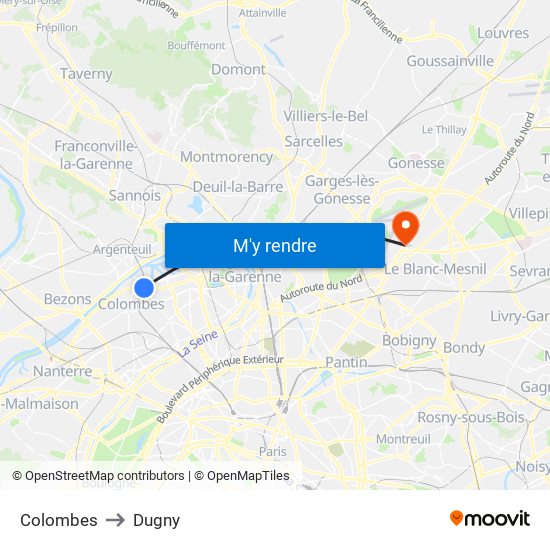 Colombes to Dugny map
