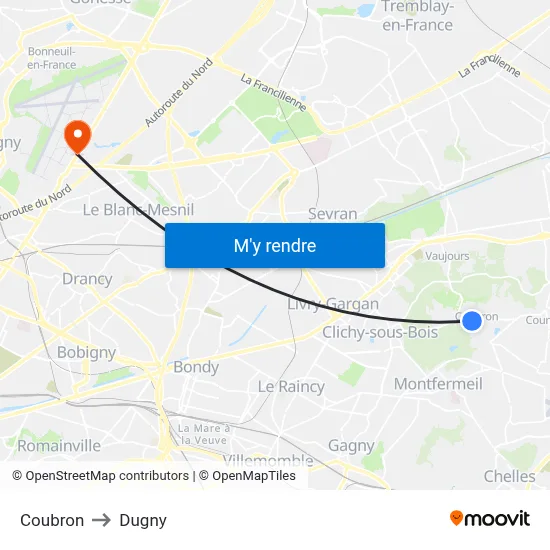 Coubron to Dugny map