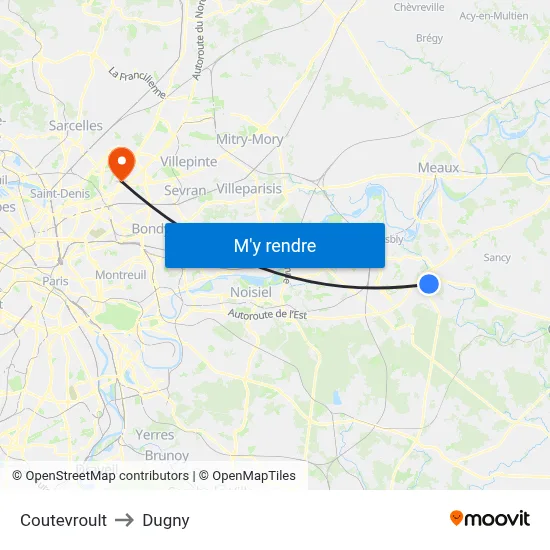 Coutevroult to Dugny map