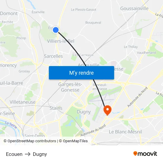 Ecouen to Dugny map