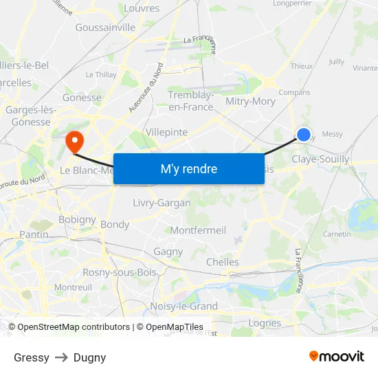 Gressy to Dugny map