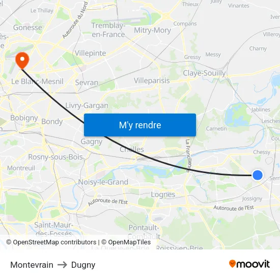 Montevrain to Dugny map