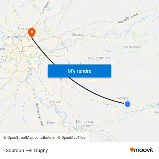 Sourdun to Dugny map