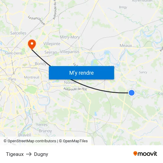 Tigeaux to Dugny map