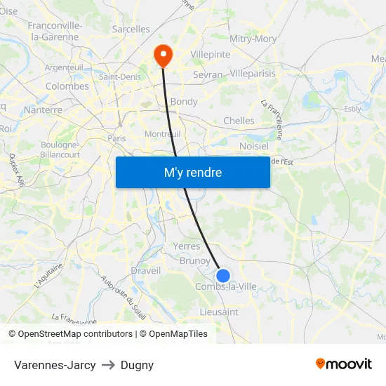 Varennes-Jarcy to Dugny map