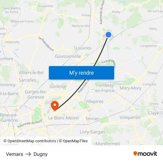 Vemars to Dugny map