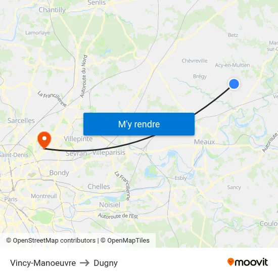 Vincy-Manoeuvre to Dugny map