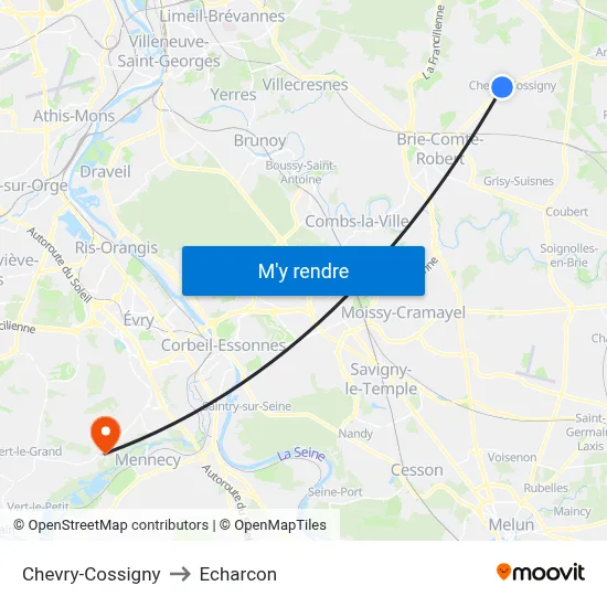 Chevry-Cossigny to Echarcon map