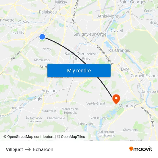 Villejust to Echarcon map