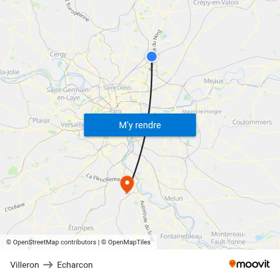 Villeron to Echarcon map