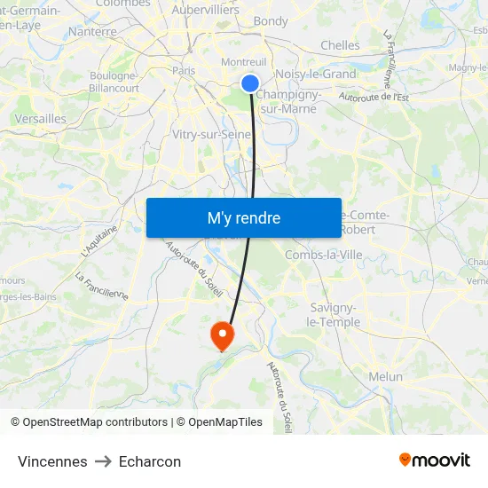 Vincennes to Echarcon map