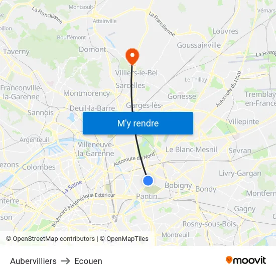 Aubervilliers to Ecouen map
