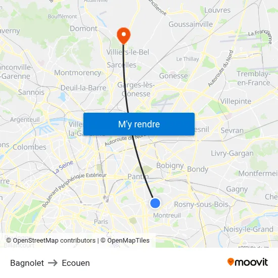Bagnolet to Ecouen map