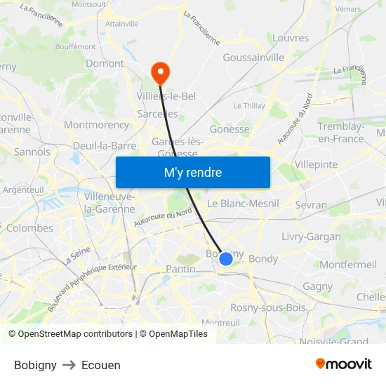 Bobigny to Ecouen map