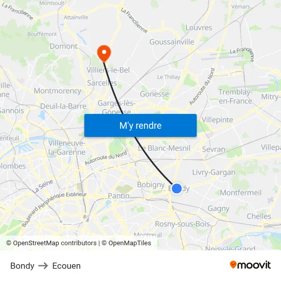 Bondy to Ecouen map