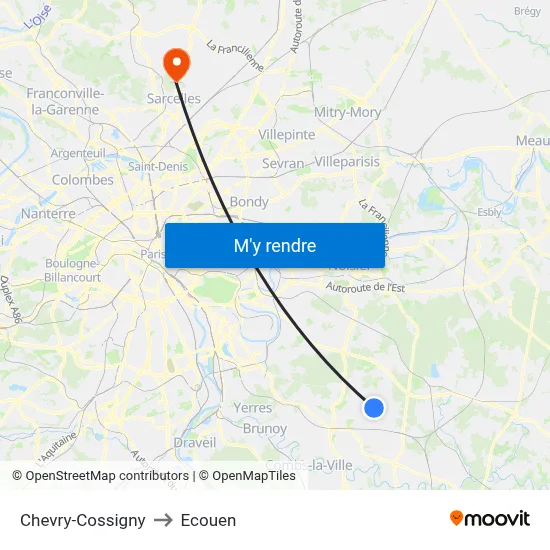 Chevry-Cossigny to Ecouen map