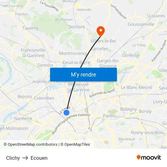 Clichy to Ecouen map