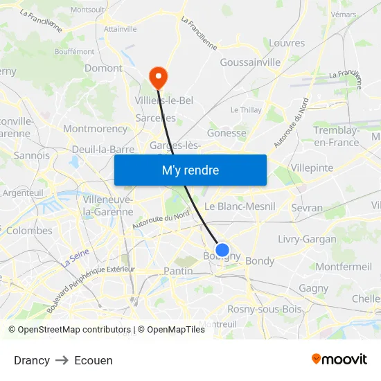 Drancy to Ecouen map