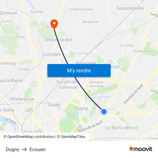 Dugny to Ecouen map