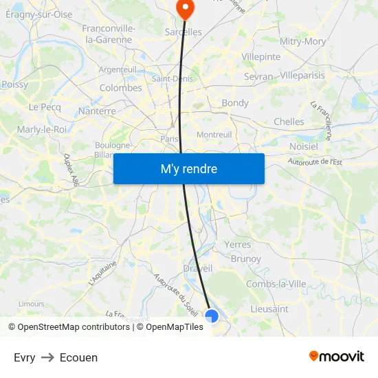 Evry to Ecouen map