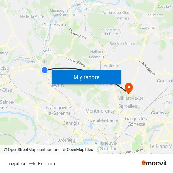 Frepillon to Ecouen map