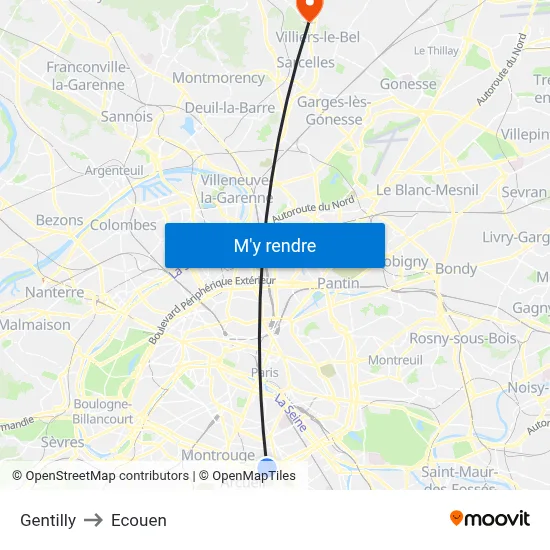 Gentilly to Ecouen map
