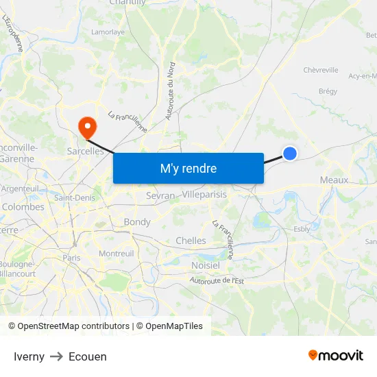 Iverny to Ecouen map